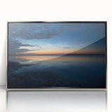 Framed acrylic wall art featuring a vibrant skyscape design, showcasing a blend of blues and warm hues, ideal for modern home decor. Perfect for elevating interior aesthetics.