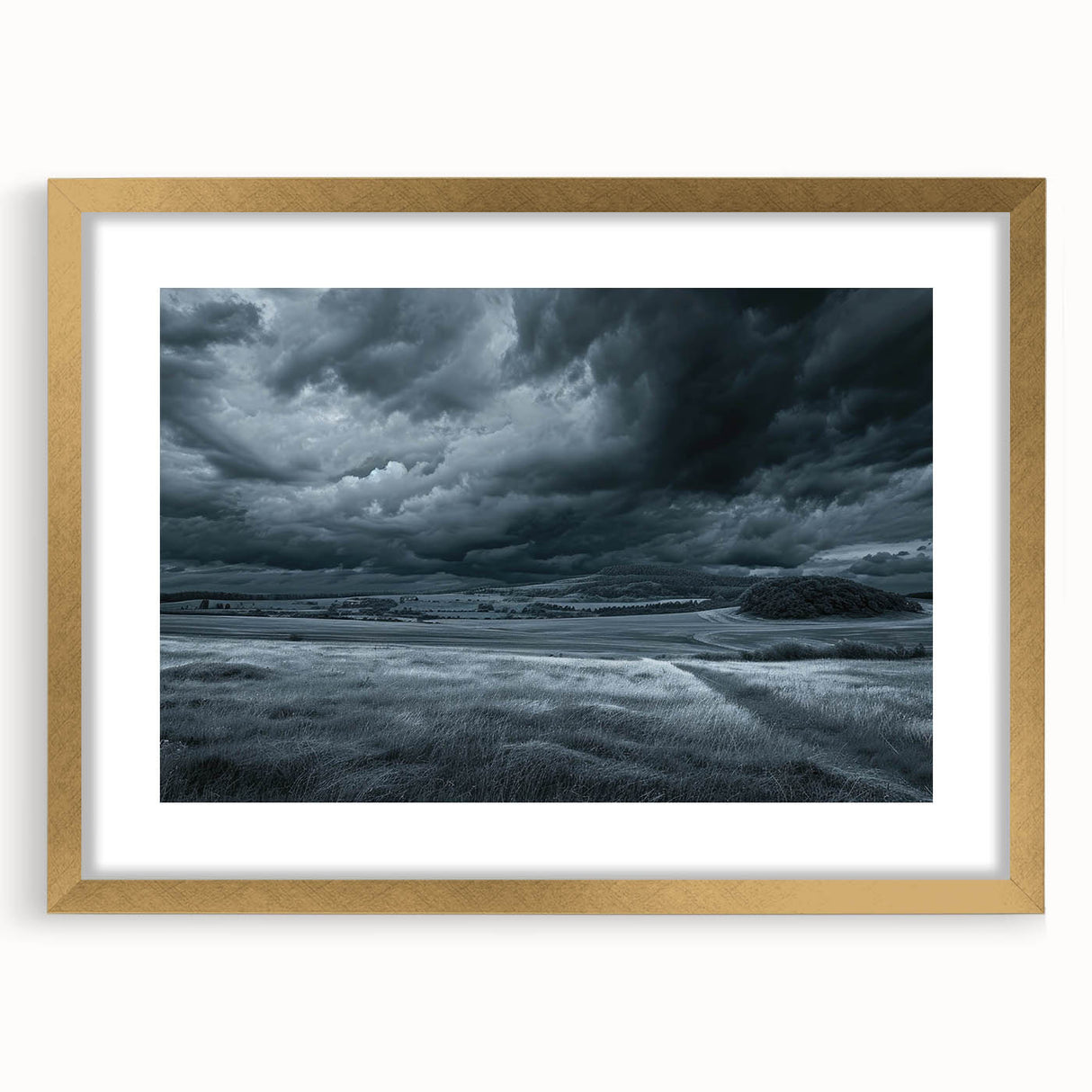 Elegant gold-framed wall art showcasing a serene landscape and skyscape design. The artwork features a harmonious blend of colors, perfect for enhancing home decor.
