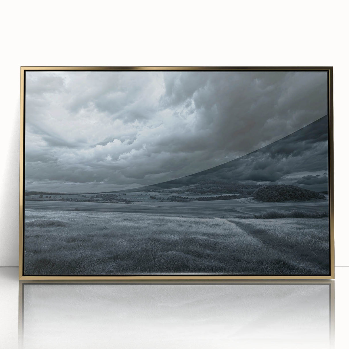 Framed acrylic wall art showcasing a vibrant landscapes and skyscapes design with gold accents, perfect for enhancing modern home decor.