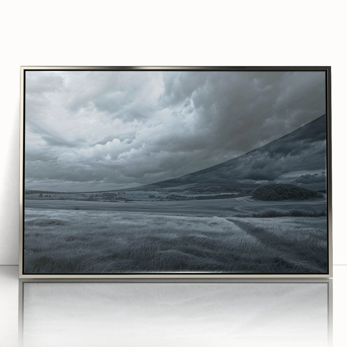 Framed wall art featuring a stunning landscapes and skyscapes design, highlighted by an elegant silver frame, perfect for modern decor. Ideal for enhancing living spaces.