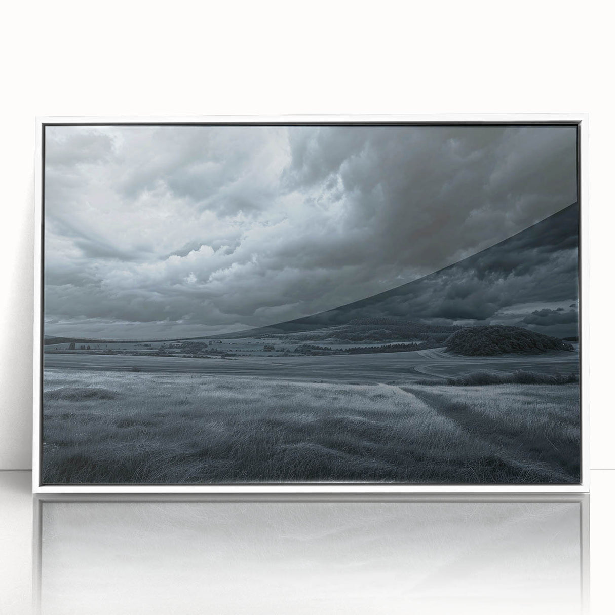 Framed acrylic wall art showcasing a serene landscape with soft pastel colors, designed to enhance modern home decor, viewed from the front against a white backdrop.