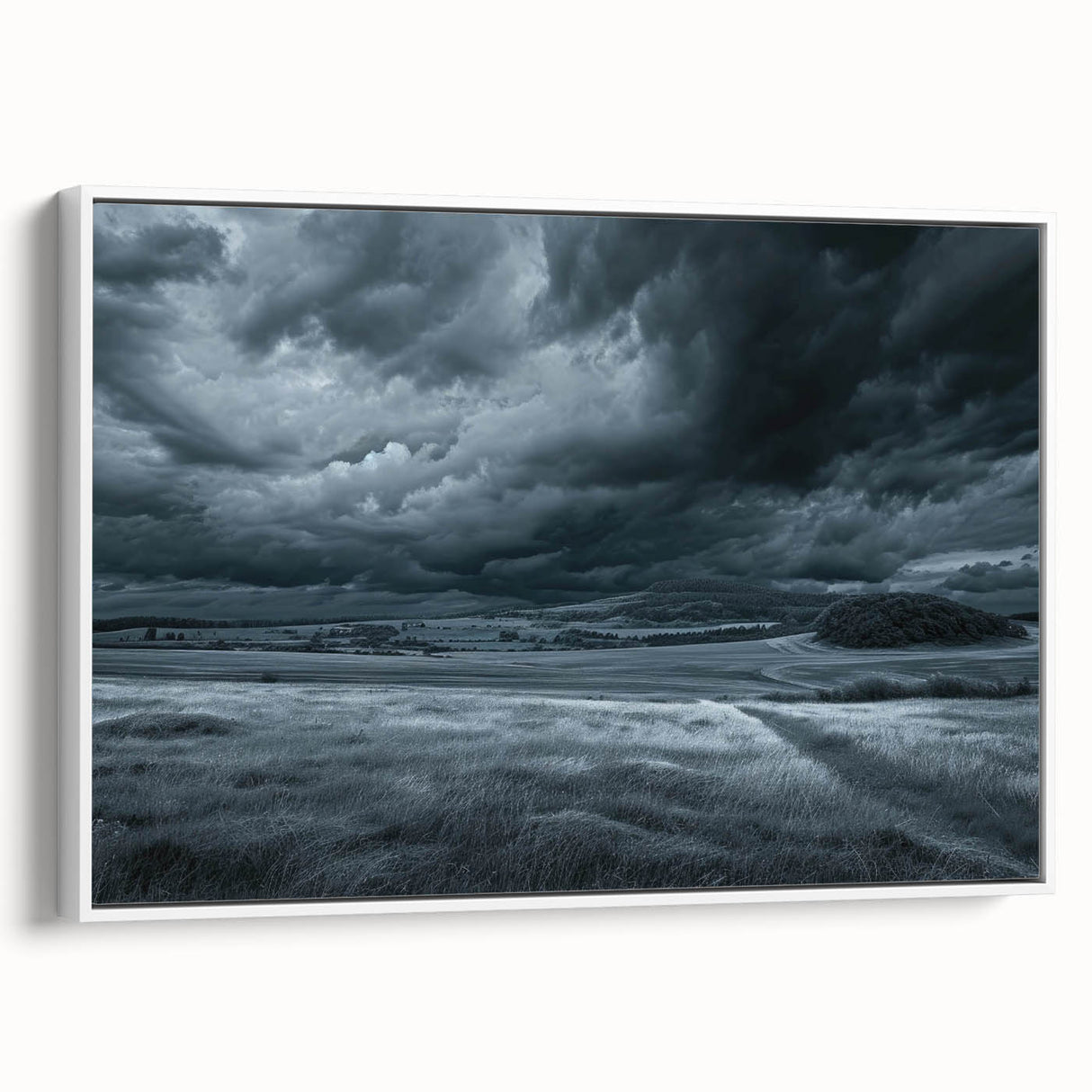 Framed canvas wall art showcasing a serene landscape with soft colors, presented from a side view against a white backdrop, ideal for home decor.