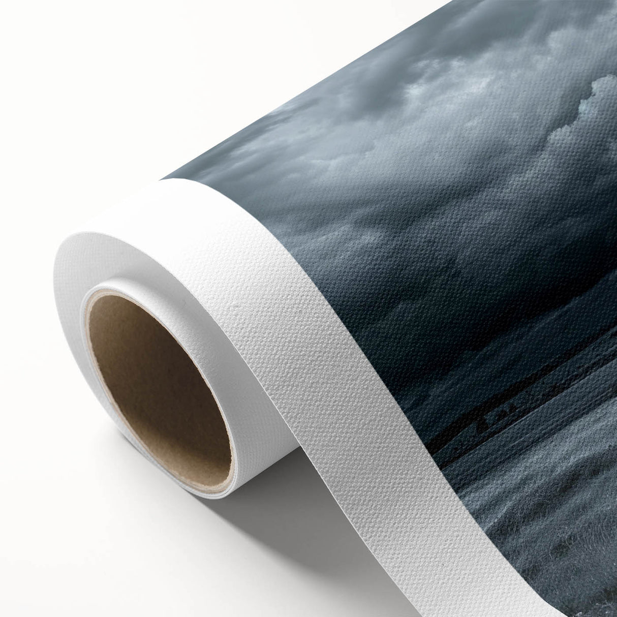 Rolled canvas showcasing a vibrant landscape and skyscape design in warm hues, perfect for home decor, elegantly packaged in a durable tube for safe delivery.