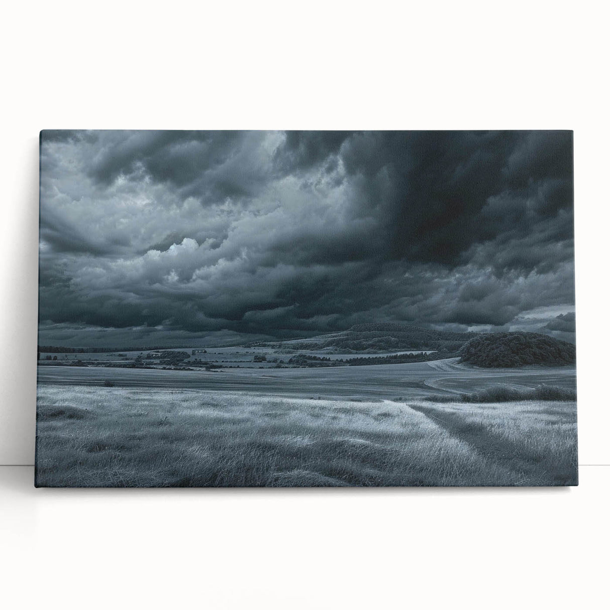 Stretched canvas wall art showcasing a vibrant landscape with a stunning sunset, featuring rich hues of orange and purple, perfect for modern home decor.