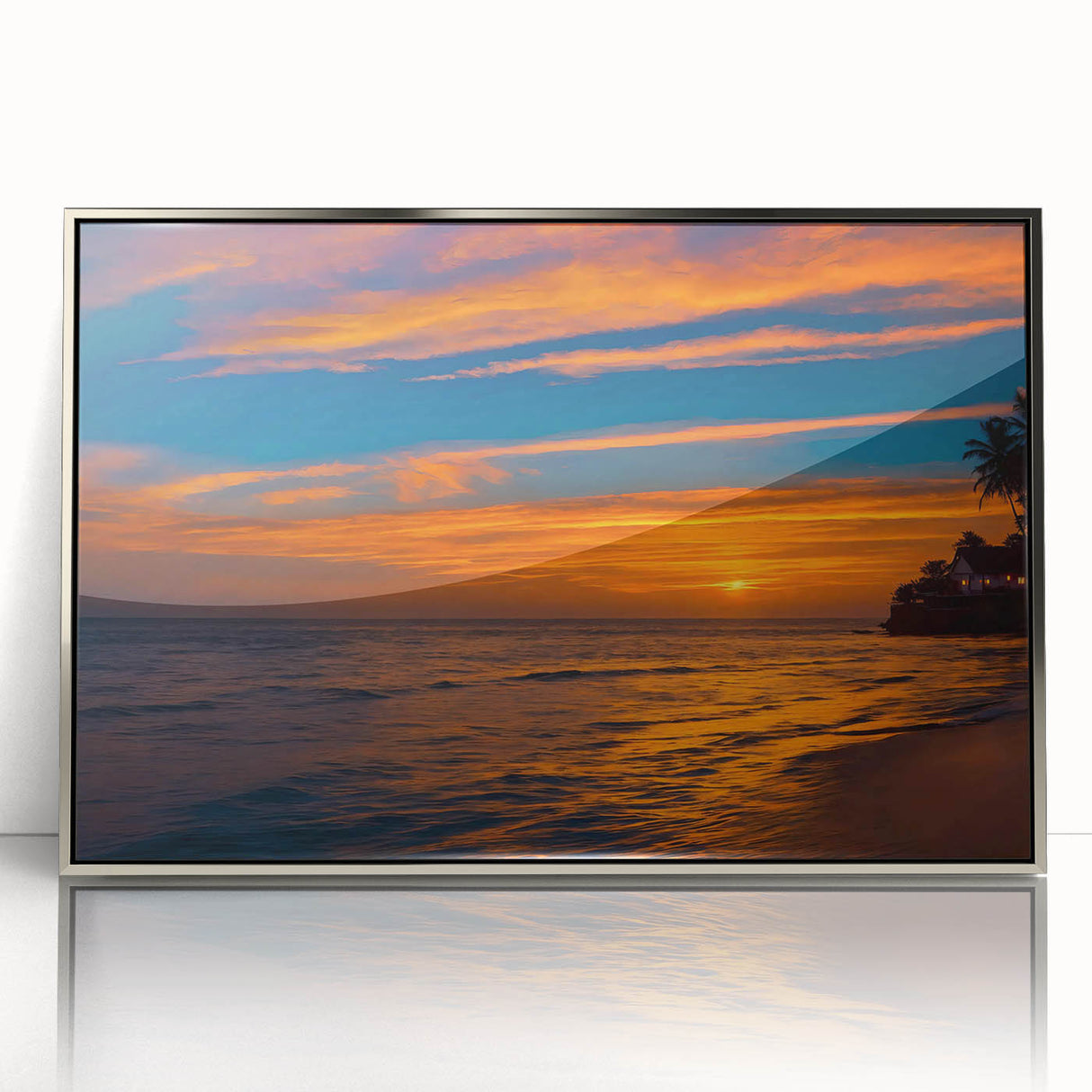 Framed wall art featuring a stunning landscape and skyscape design, elegantly displayed with a silver frame, perfect for enhancing modern home decor.