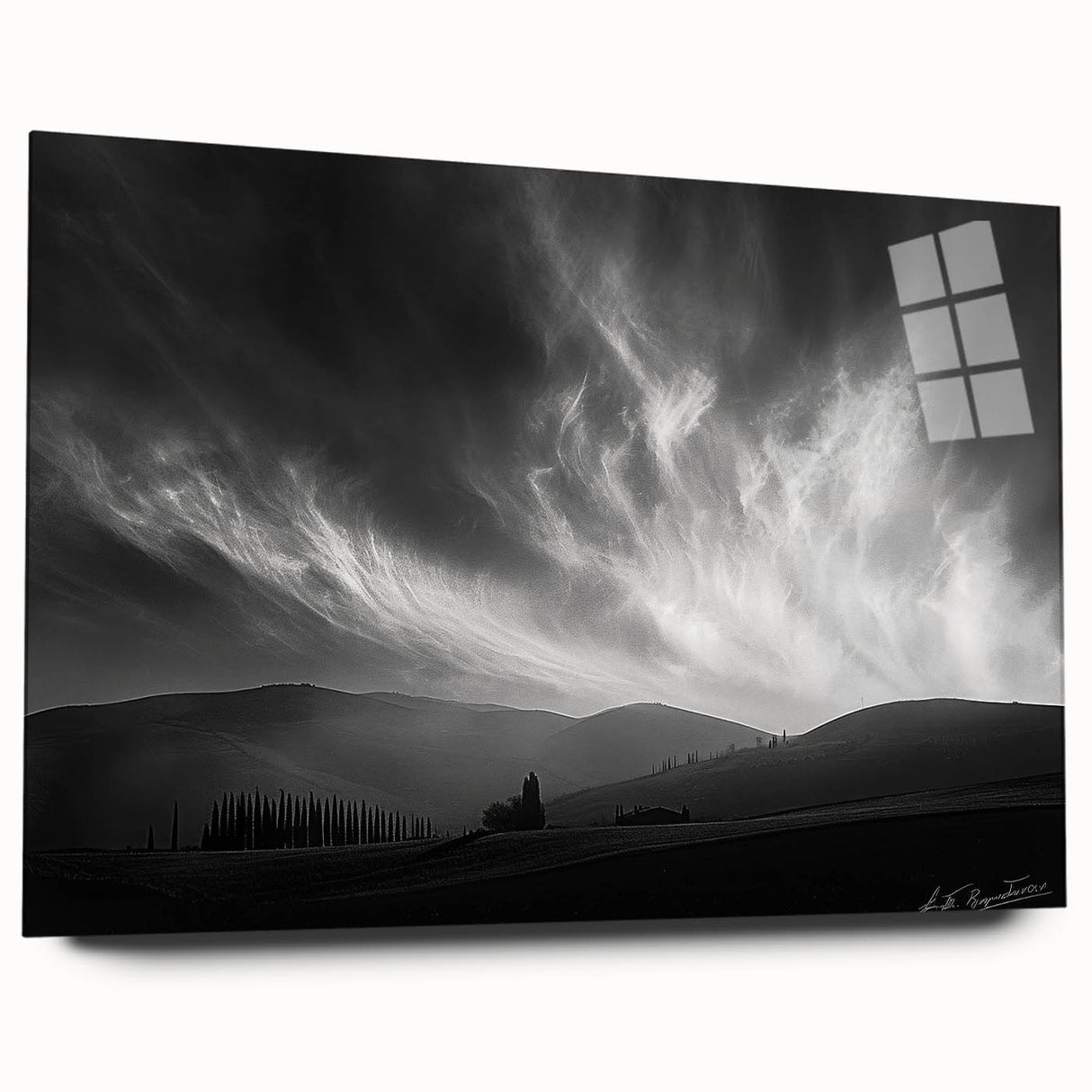 Acrylic glass wall art showcasing a stunning landscapes and skyscapes design, side view highlighting vivid colors and intricate details, perfect for home decor.