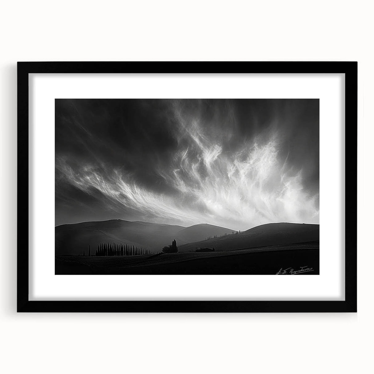 Black-framed wall art showcasing a serene landscape design with soft pastel colors and a white mat, perfect for modern home decor and interior styling.