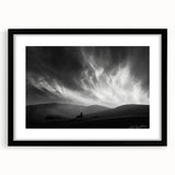 Black-framed wall art showcasing a serene landscape design with soft pastel colors and a white mat, perfect for modern home decor and interior styling.
