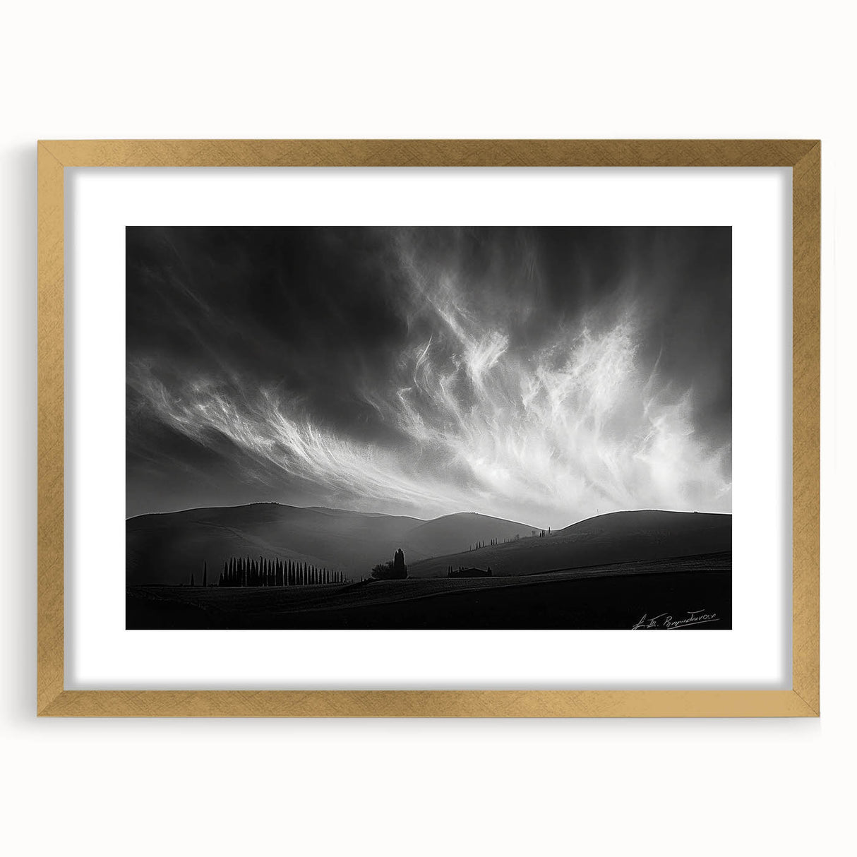 Gold-framed wall art featuring a serene landscape design with soft colors and intricate details, perfect for enhancing home decor and creating a calming atmosphere.