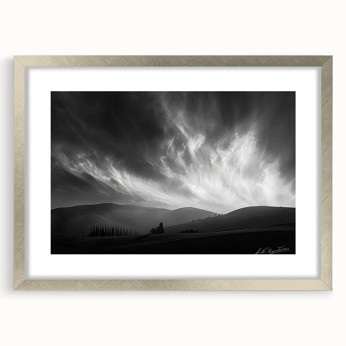 Framed landscape wall art collection featuring serene skyscapes in silver with a sleek mat, perfect for enhancing modern home decor. Ideal for creating a calming atmosphere in living spaces.