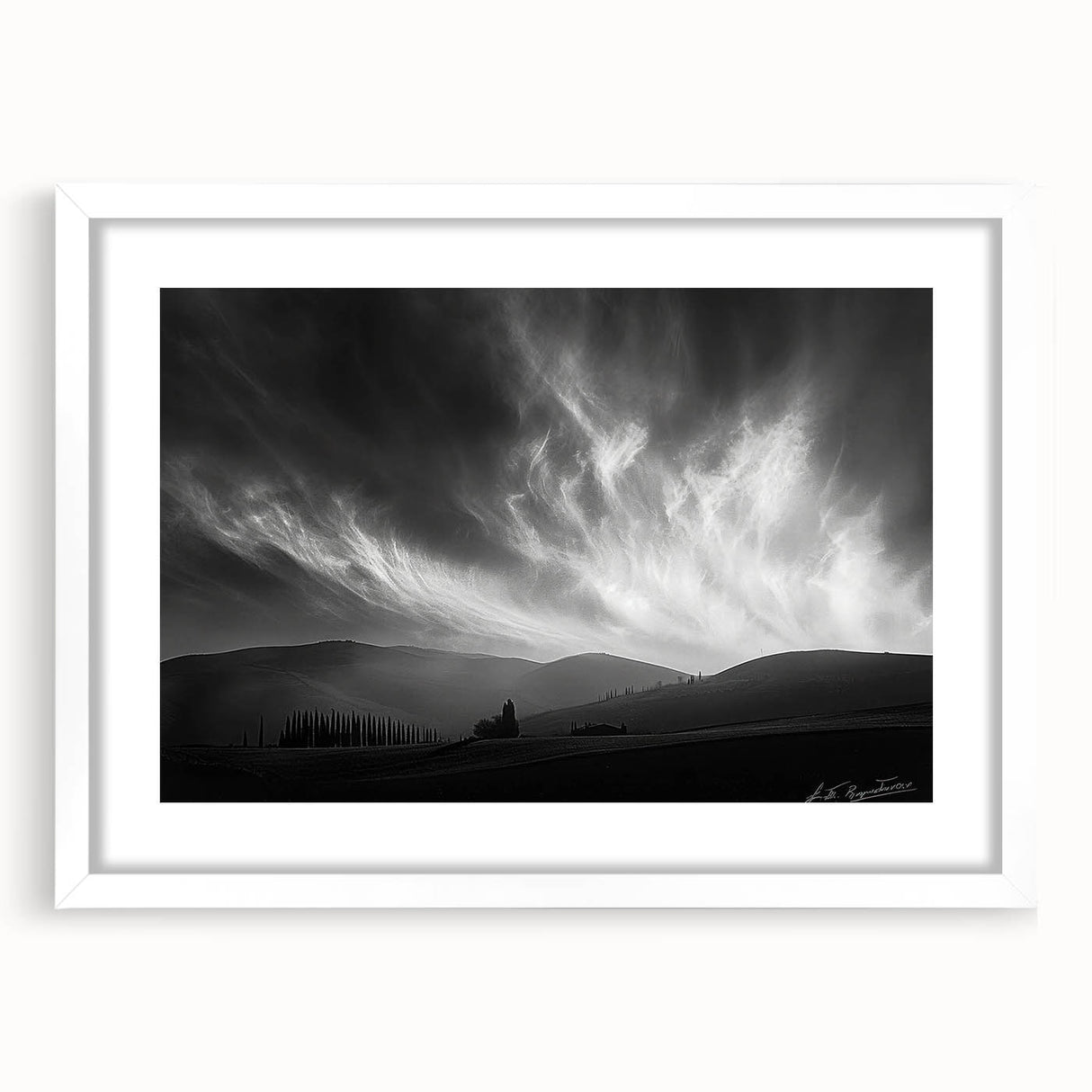 Framed wall art featuring a serene landscape design with soft pastel colors, showcased in a sleek white frame, perfect for modern home decor.