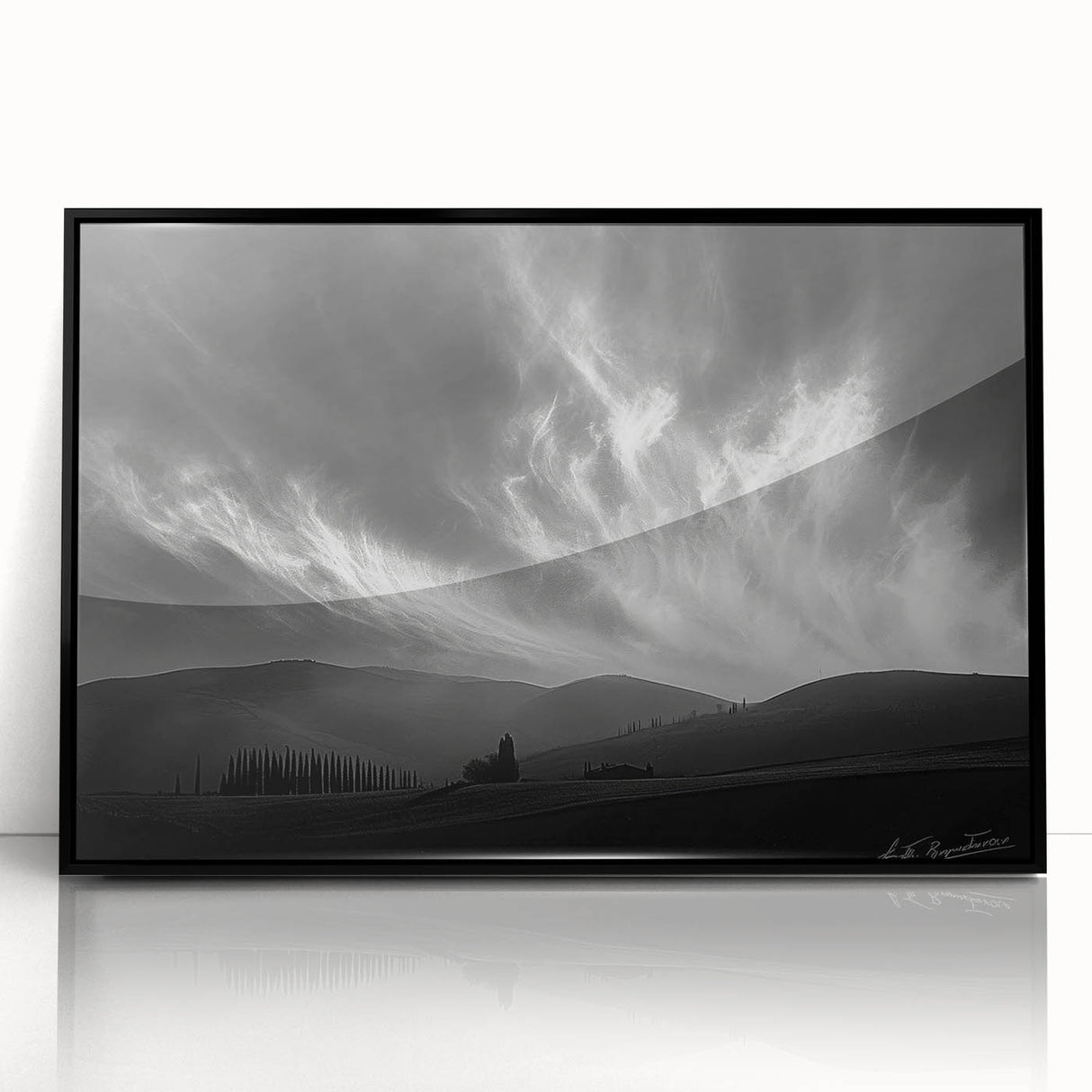 Framed acrylic wall art featuring a serene landscape with soft blue skies and lush greenery, set in a sleek black frame, ideal for modern home decor.