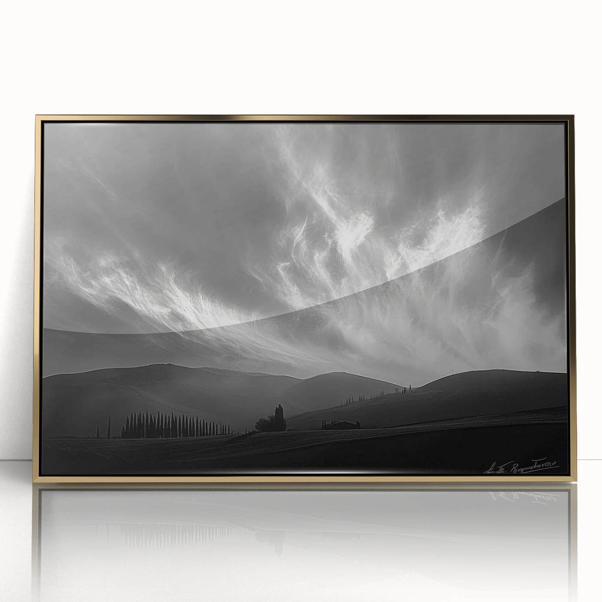 Framed wall art collection showcasing a vibrant landscapes and skyscapes design in acrylic with a gold frame, ideal for enhancing modern home decor.