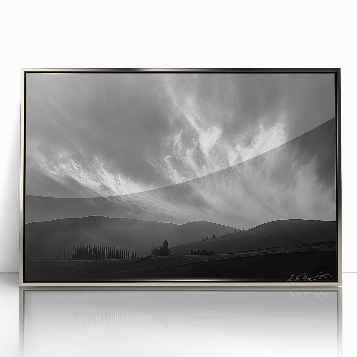 Framed wall art featuring a stunning landscape and skyscape design in a silver-acrylic frame, ideal for enhancing modern home decor. This piece adds elegance and sophistication to any room.