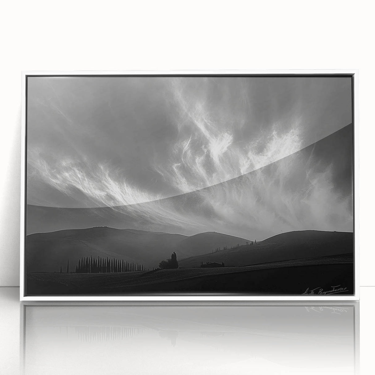 Framed acrylic wall art showcasing a serene landscape with vibrant colors, featuring a white frame, perfect for modern home decor. Ideal for adding a touch of nature to any room.
