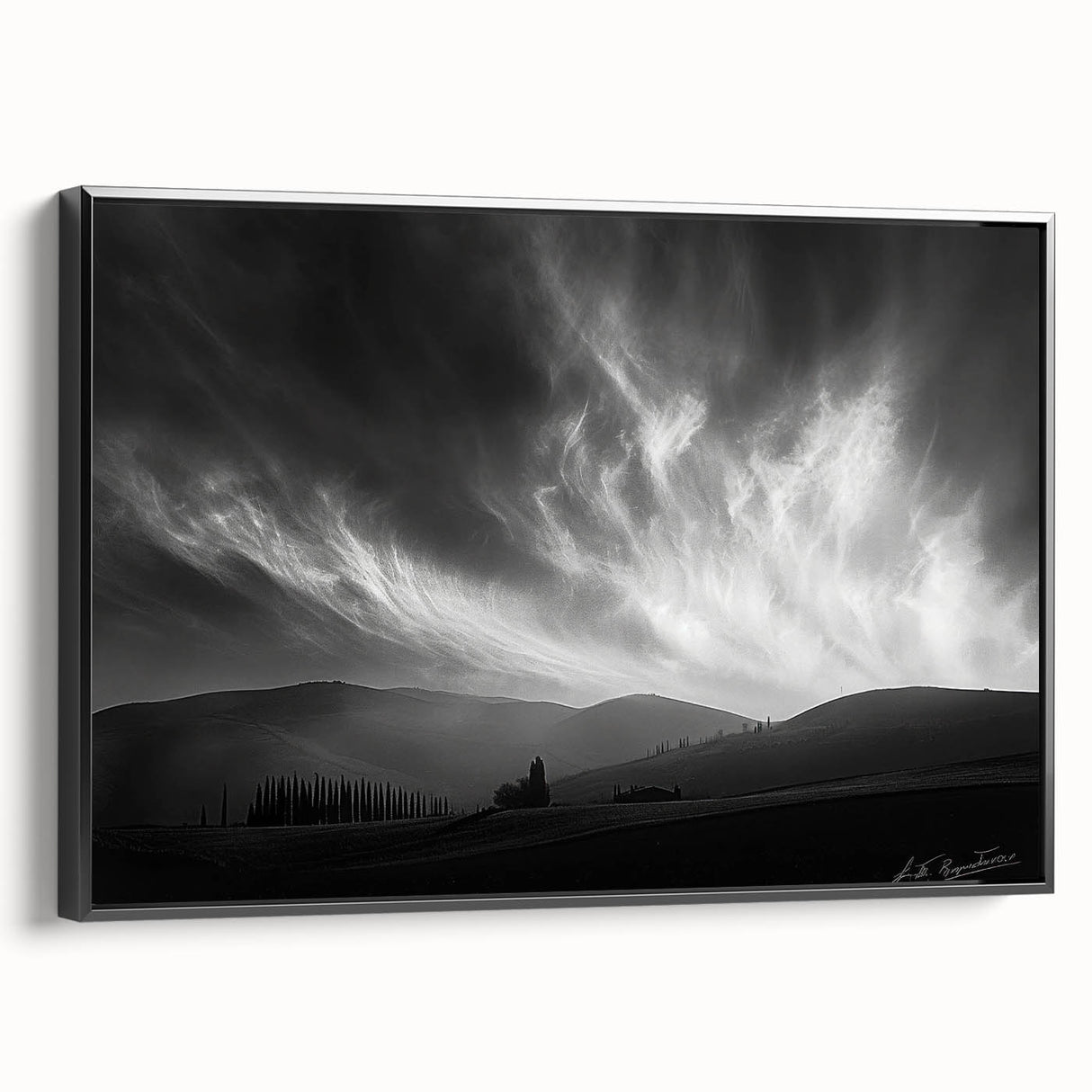 Framed canvas wall art from the Landscapes & Skyscapes collection, showcasing a serene mountain scene with vibrant colors and a sleek black frame, perfect for home decor.