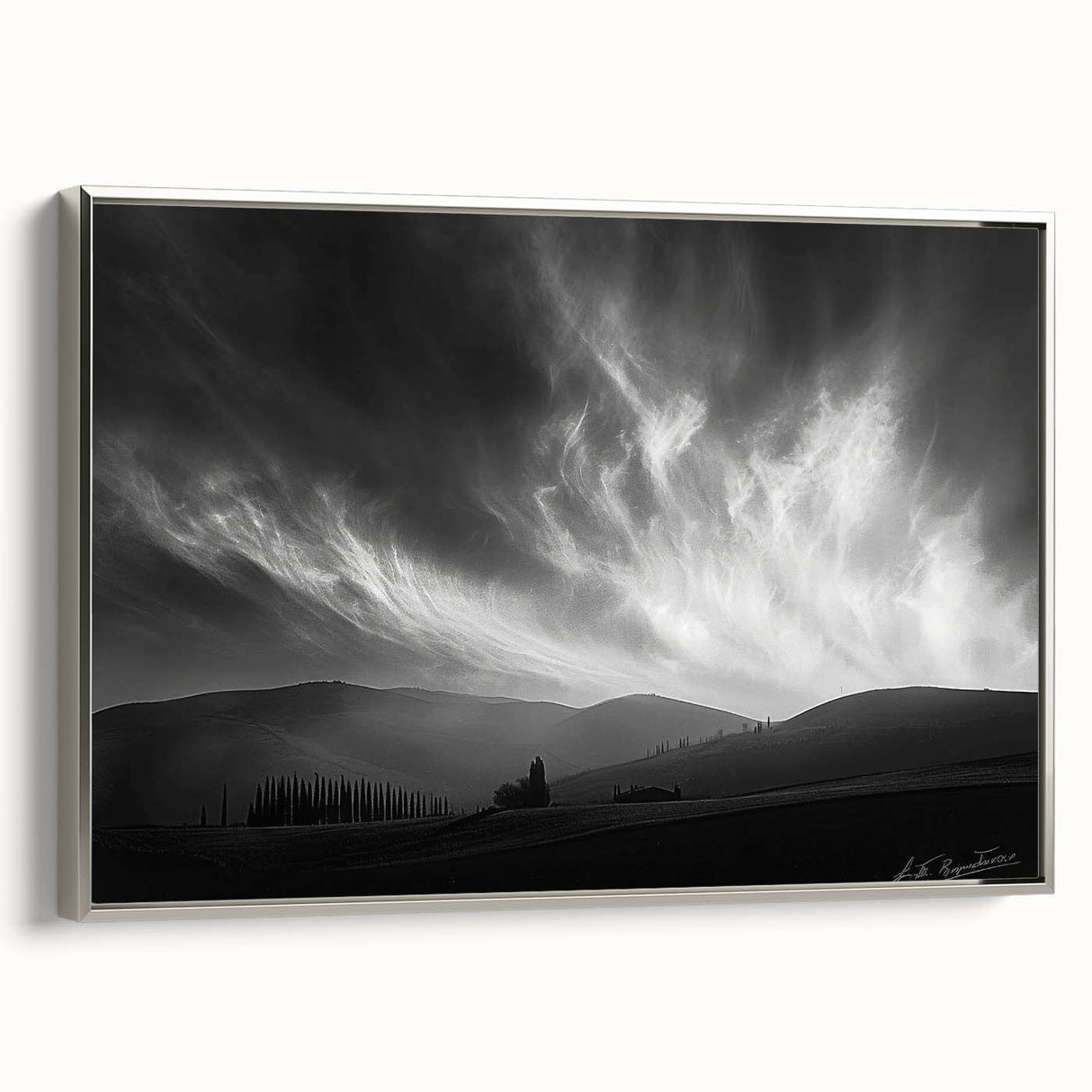 Framed canvas wall art showcasing a serene landscape with soft hues of blue and green, featuring a silver frame that enhances its modern aesthetic, perfect for home decor.