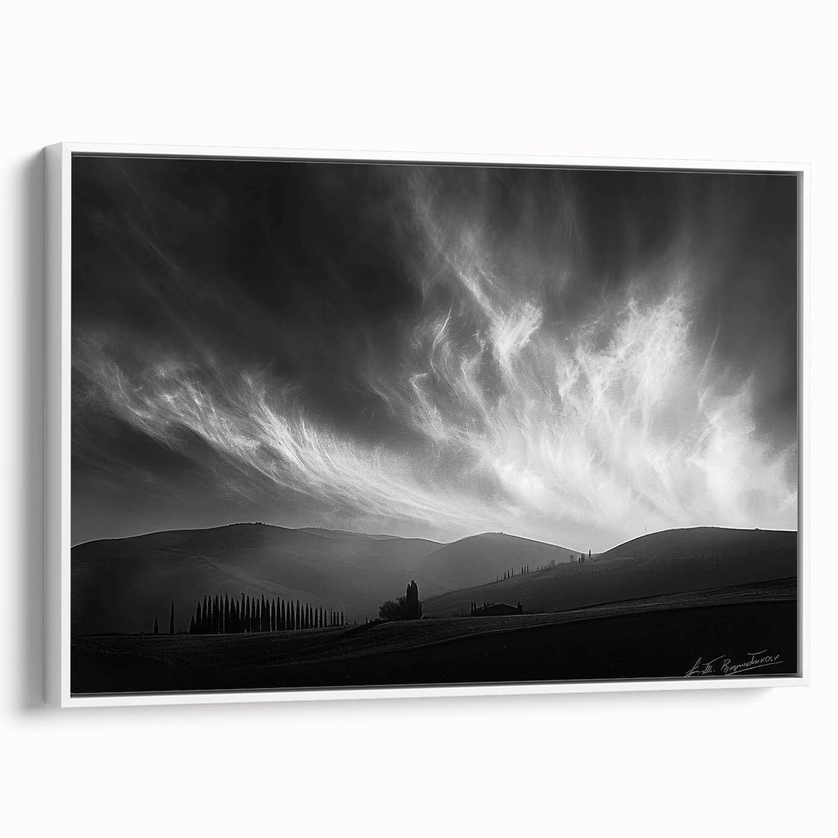 Framed canvas wall art featuring a serene landscape scene with a sunset sky, displayed from a side view against a white background, ideal for home decor.