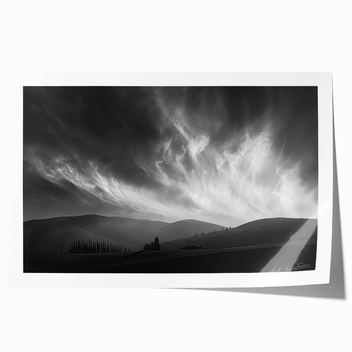Vibrant landscape wall art print showcasing a serene skyscape with soft pastel colors, rolled for easy transport, perfect for home decor enhancement.
