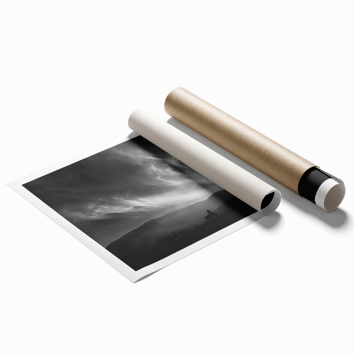 Vibrant rolled canvas print showcasing an abstract landscape design with rich colors and dynamic textures, elegantly packaged in a durable cardboard tube for safe delivery.