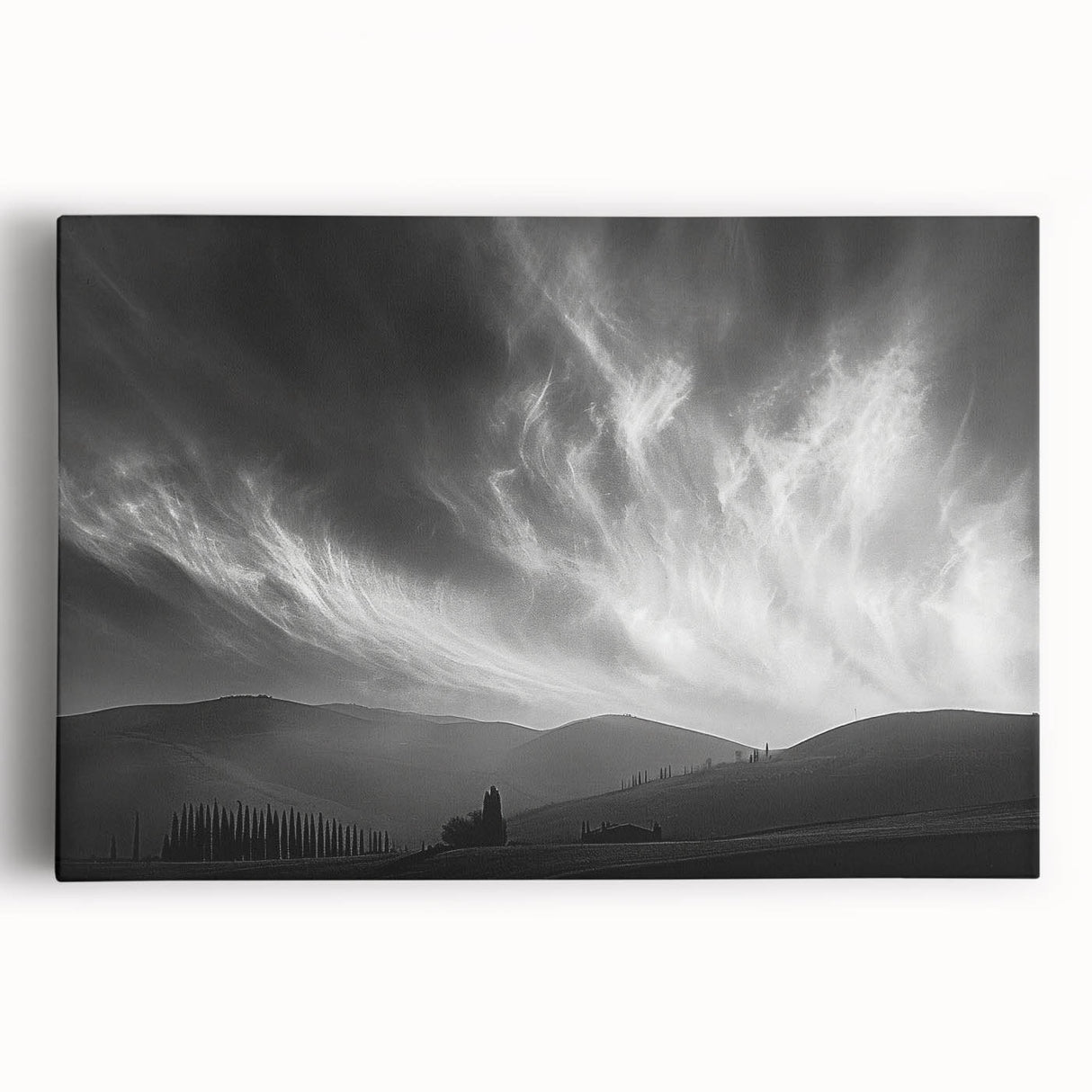 Stretched canvas wall art showcasing a vibrant landscape with a dramatic sunset, ideal for modern home decor. The artwork features rich colors and intricate details, perfect for adding warmth to any living space.