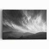 Stretched canvas wall art showcasing a vibrant landscape with a dramatic sunset, ideal for modern home decor. The artwork features rich colors and intricate details, perfect for adding warmth to any living space.