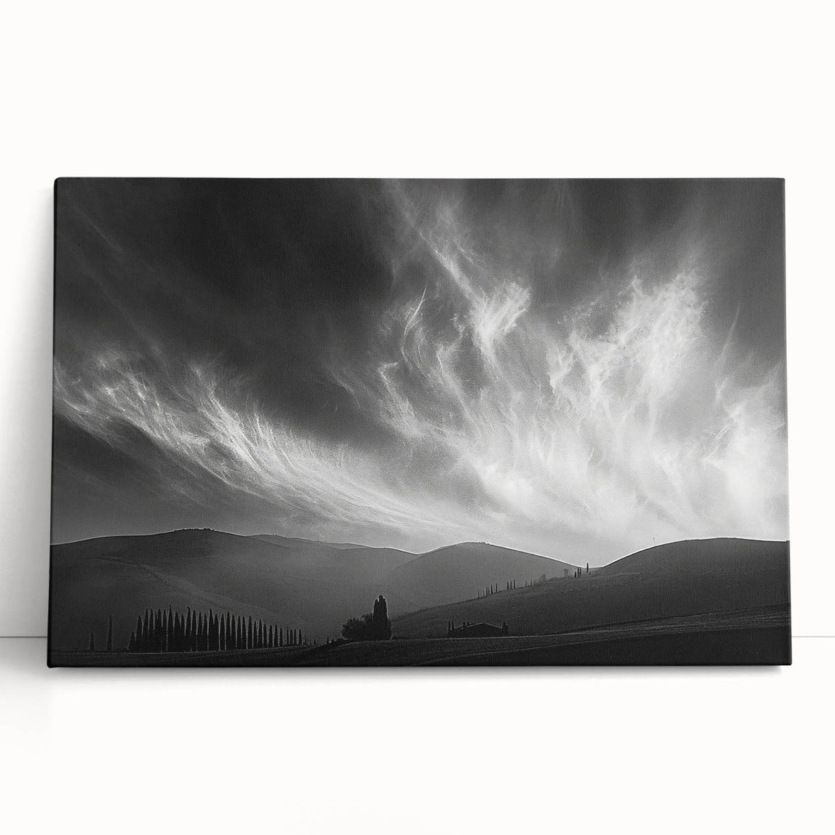 Stretched canvas wall art showcasing a vibrant landscape design with vivid colors, featuring blue skies and rolling hills, perfect for home decor accents.