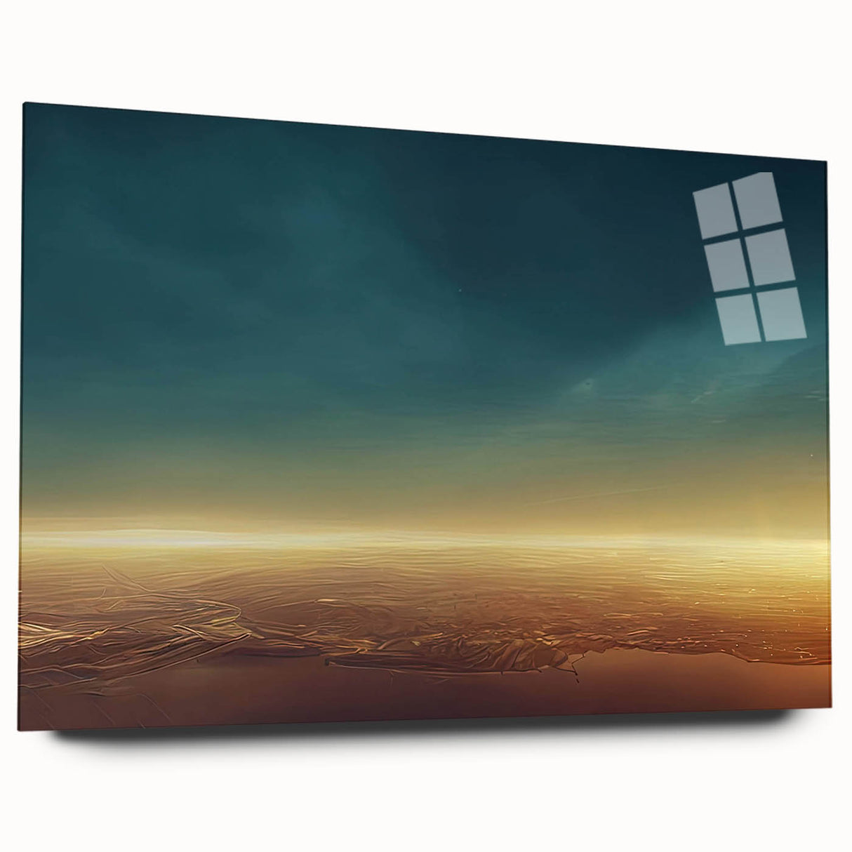 Acrylic glass wall art showcasing a vibrant landscapes and skyscapes design from the collection, presented in a side view without pins, highlighting its colorful details and contemporary style.