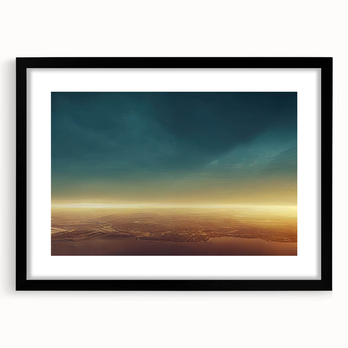 Framed wall art collection showcasing a black frame with a white mat, featuring a serene skyscape design. Ideal for modern home decor, adding elegance to any room.