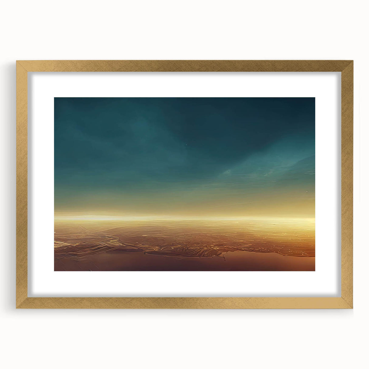Framed wall art featuring a serene landscapes and skyscapes design, highlighted by a gold mat and frame, perfect for enhancing home decor aesthetics.