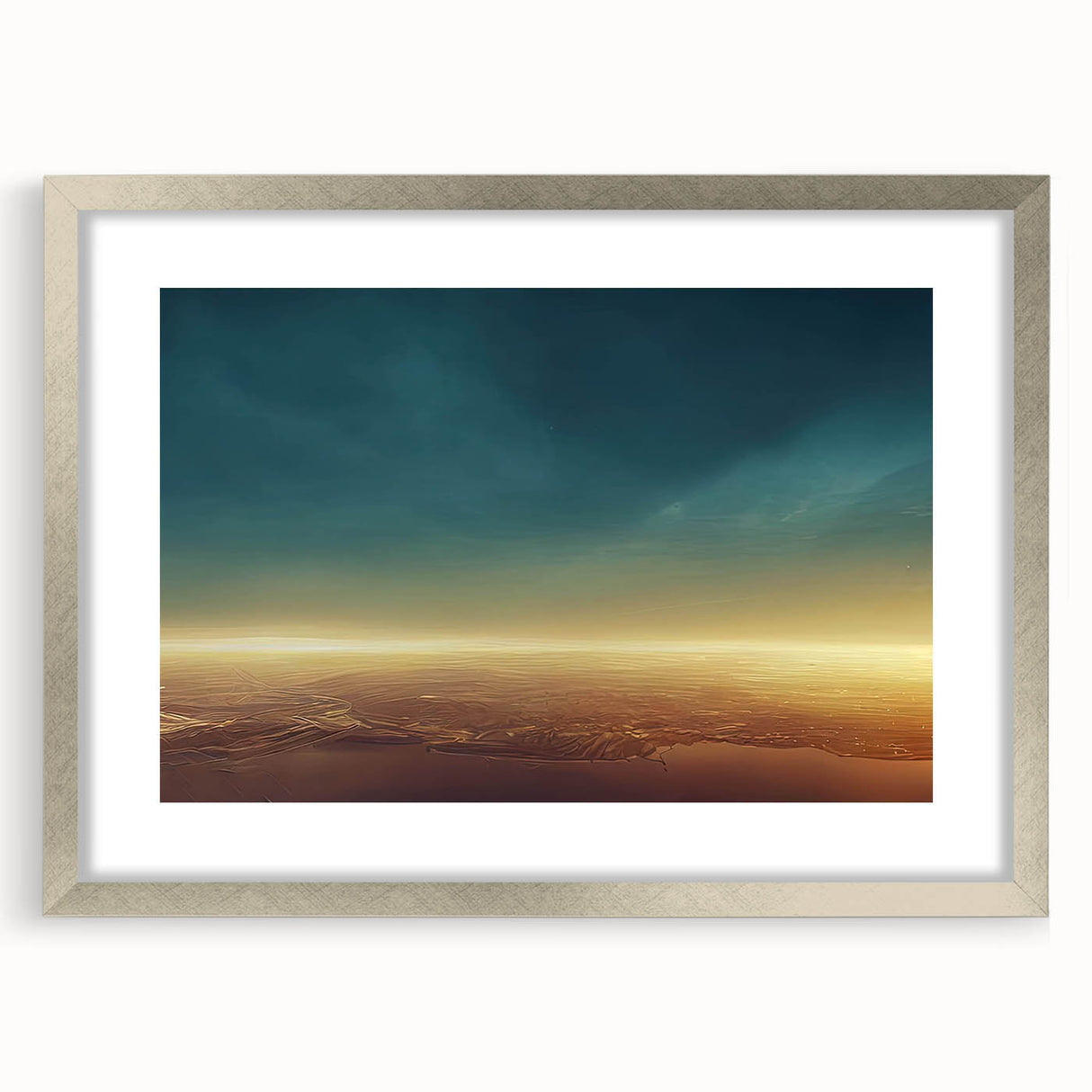 Framed landscape wall art collection featuring serene skyscapes with a silver mat, adding elegance to any decor, ideal for nature lovers and modern interiors.