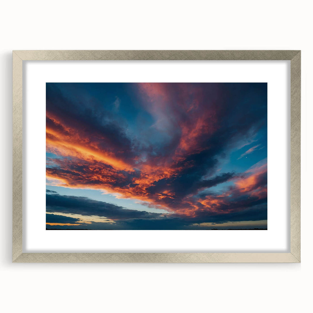 Framed wall art from the Landscapes Skyscapes Design collection, showcasing a serene natural scene with a silver mat and frame, ideal for home decor.