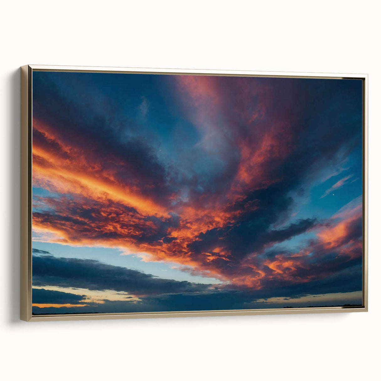 Framed canvas wall art showcasing a golden landscape design with vibrant colors, ideal for modern home decor. Side view highlights its elegant frame and texture.