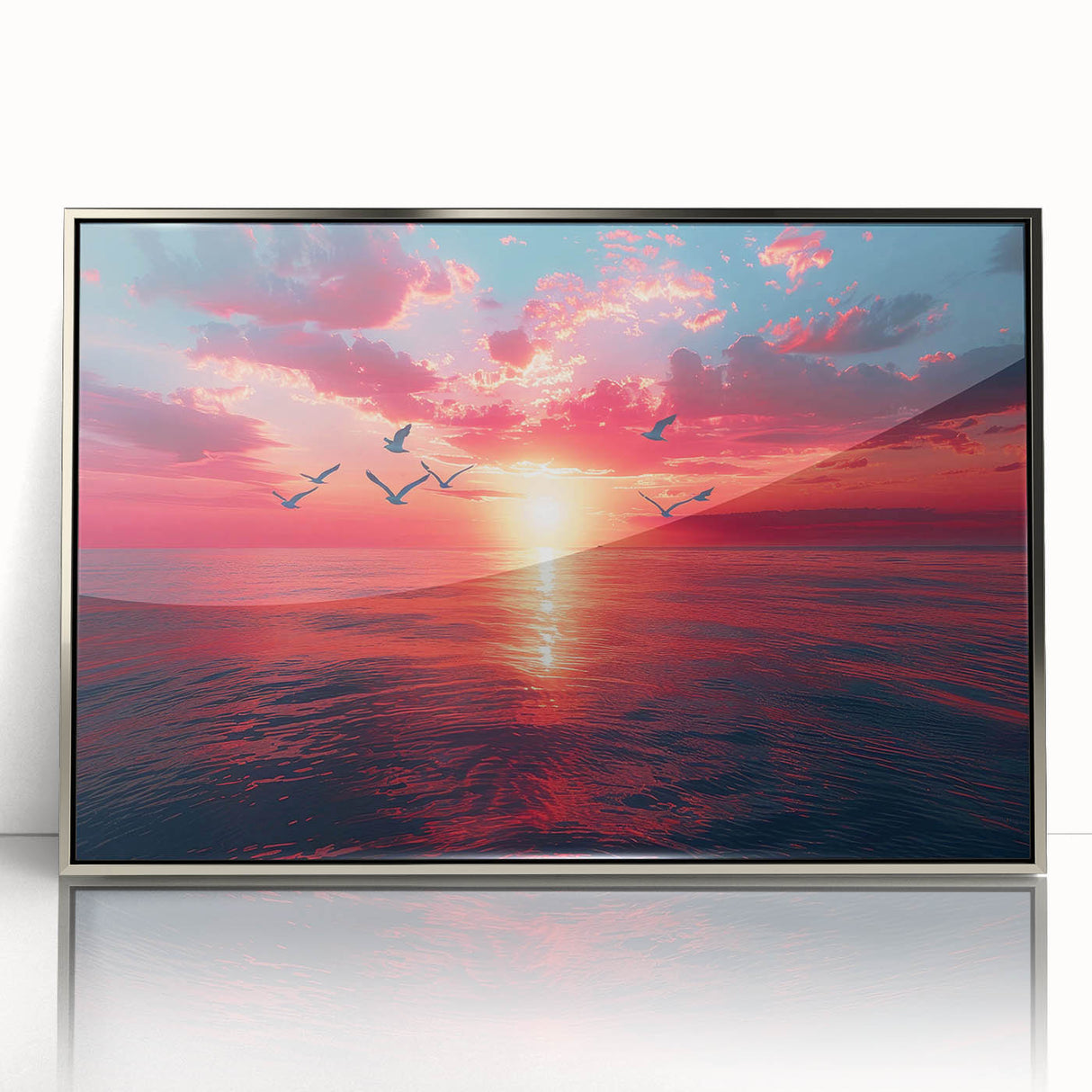 Framed wall art featuring a stunning landscape and skyscape design, highlighted with an elegant silver frame, ideal for modern home decor settings.