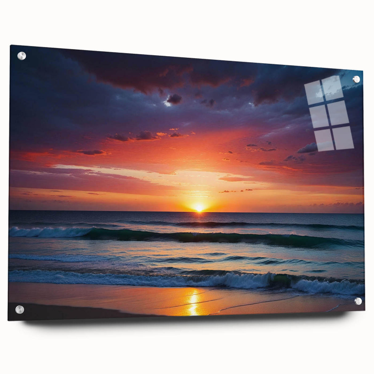 Acrylic wall art collection featuring a vibrant landscape and skyscape design, displayed from a side view with decorative pins, ideal for modern home decor.