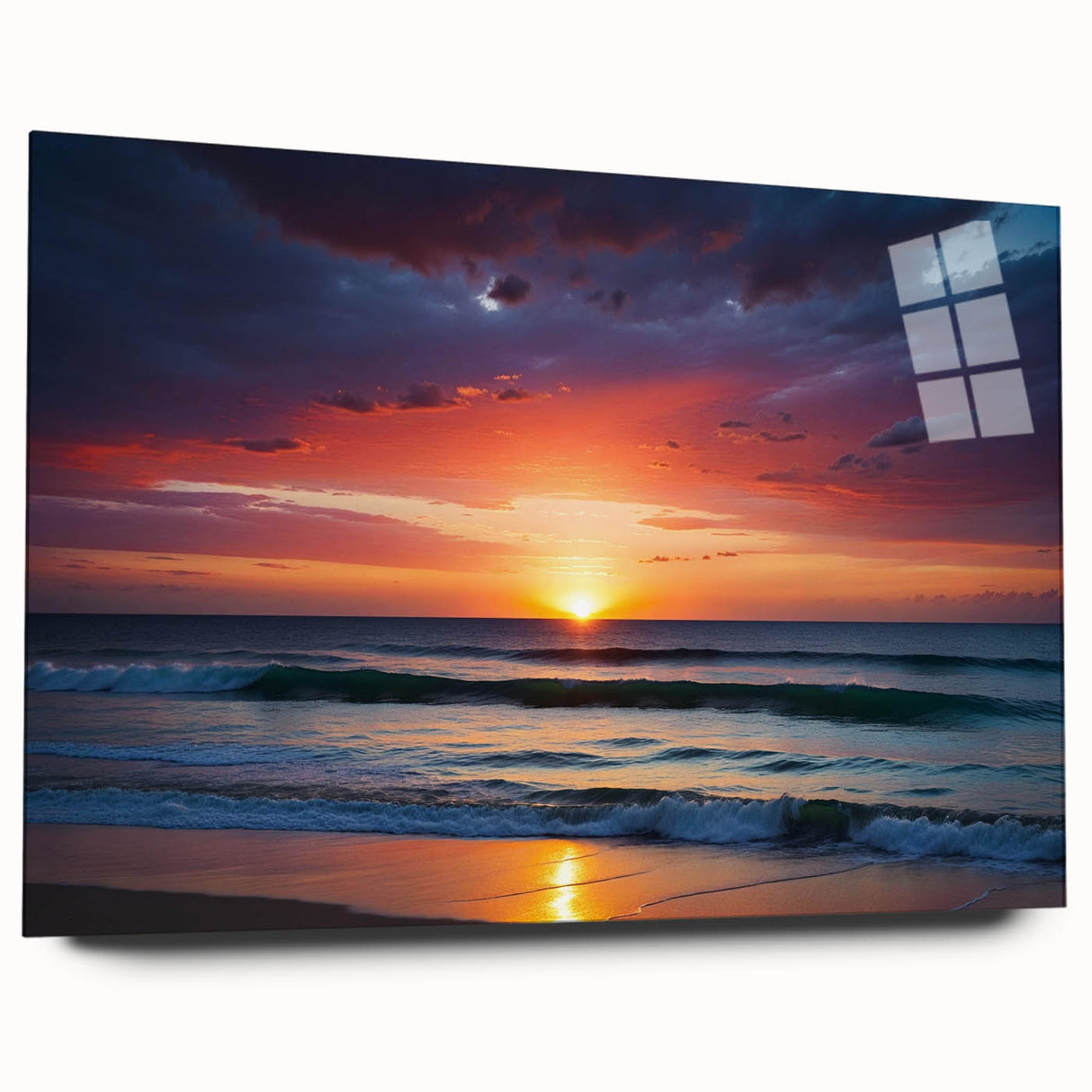 Acrylic glass wall art display showcasing a vibrant landscapes and skyscapes design, featuring intricate colors and details, ideal for modern home decor.