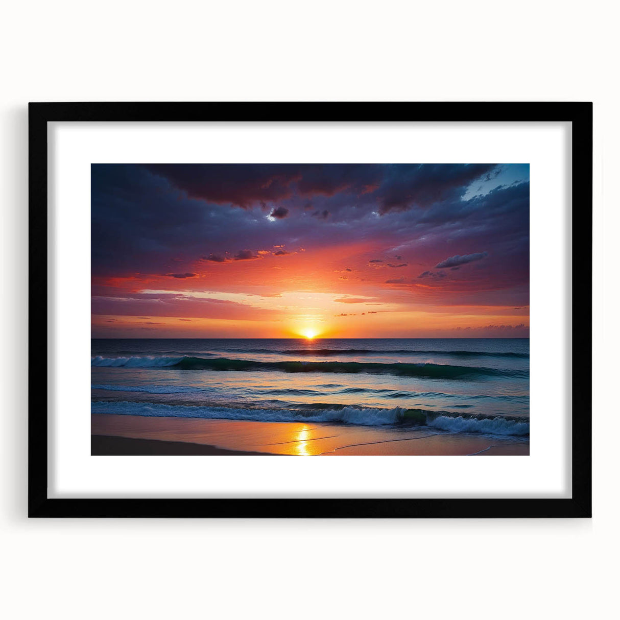 Framed wall art of a serene landscape design featuring a vibrant sunset, displayed in a sleek black frame with a white mat, perfect for home decor.