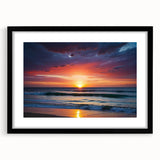 Framed wall art of a serene landscape design featuring a vibrant sunset, displayed in a sleek black frame with a white mat, perfect for home decor.