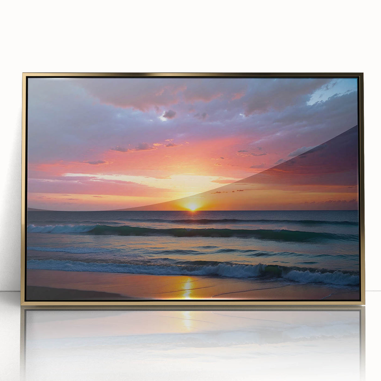 Framed acrylic wall art showcasing a vibrant landscapes and skyscapes design with gold accents, perfect for enhancing modern interior decor.