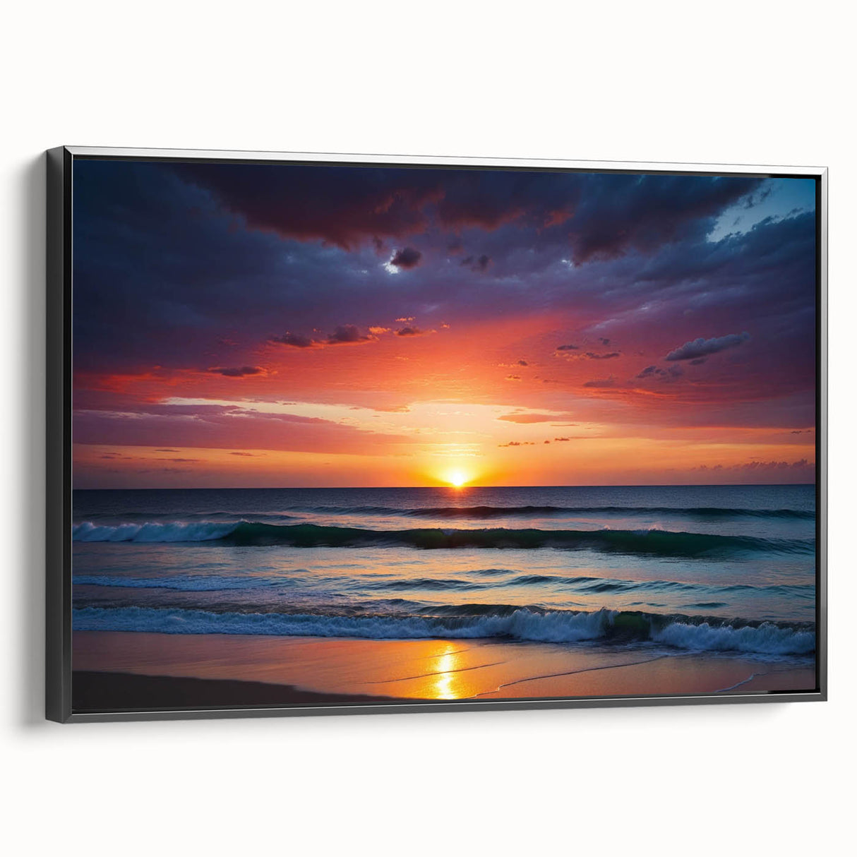 Framed black canvas wall art showcasing a serene landscape design with vibrant colors and abstract elements, ideal for modern home decor.