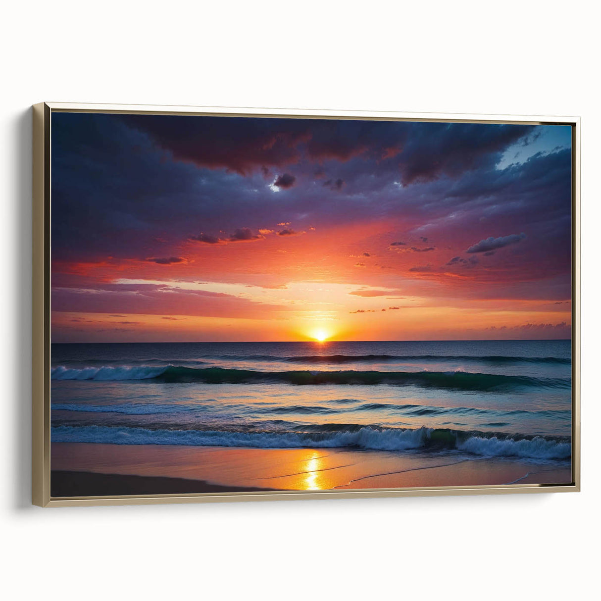 Framed canvas wall art from the Landscapes & Skyscapes collection, featuring a serene sunset over mountains with gold accents, ideal for home decor.