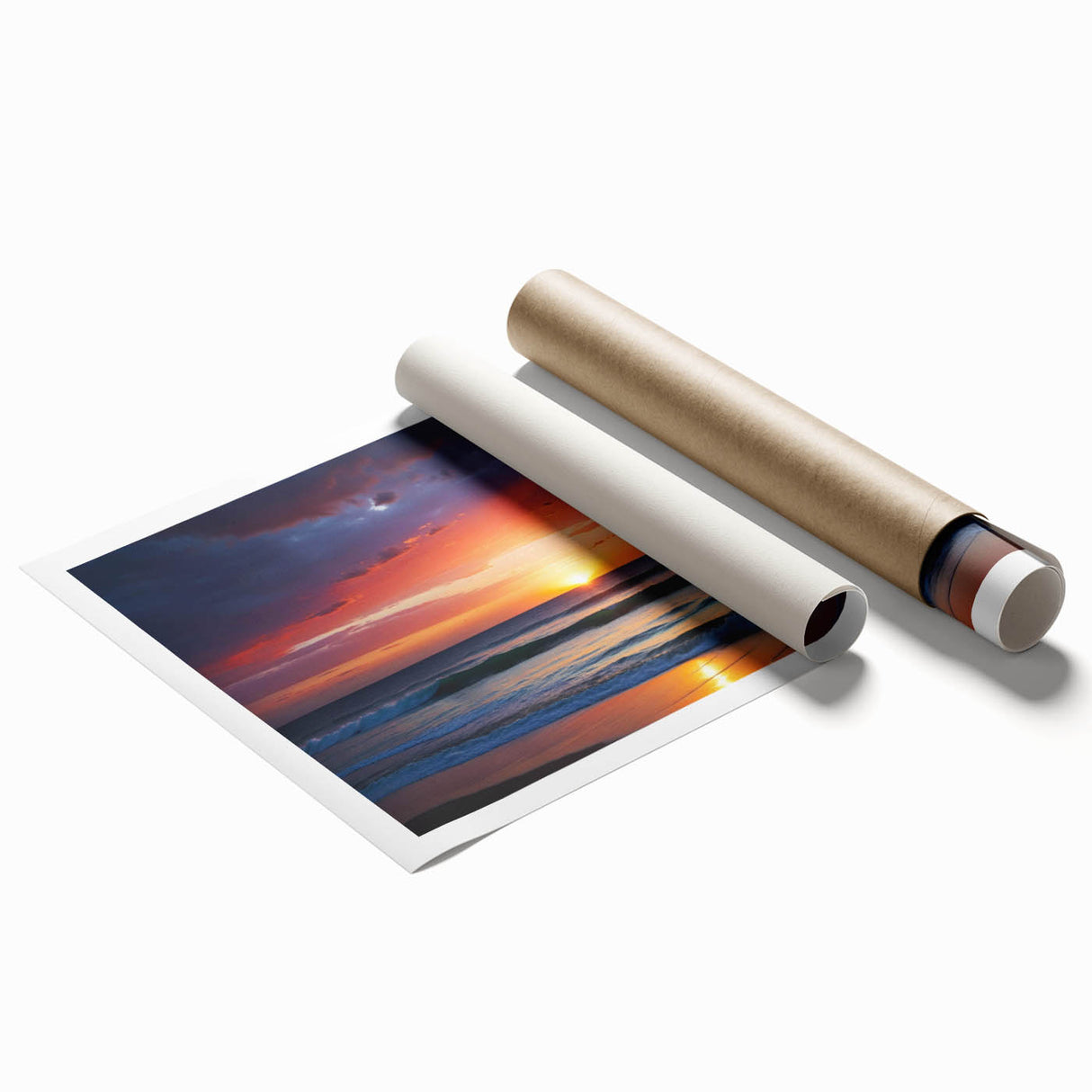 Vibrant rolled print of a serene landscape featuring a colorful sunset sky with abstract clouds, perfect for enhancing home decor and creating a calming atmosphere.
