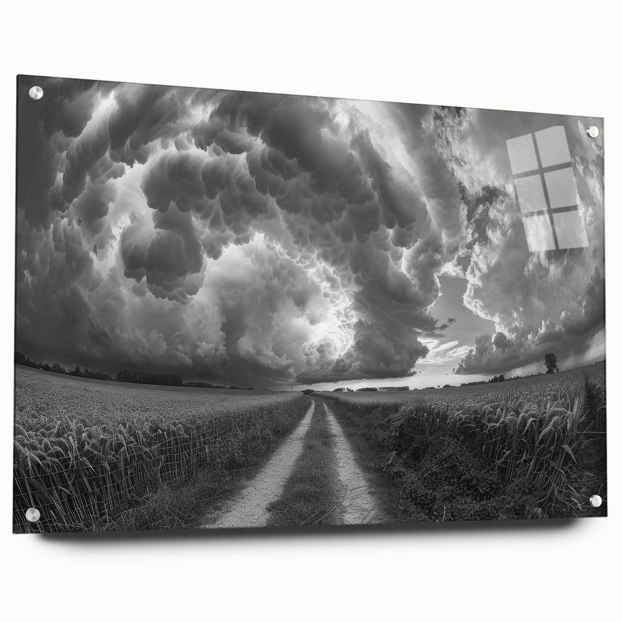 Acrylic glass wall art showcasing a vibrant landscapes and skyscapes design, displayed in a side view with decorative pins, perfect for modern home decor.