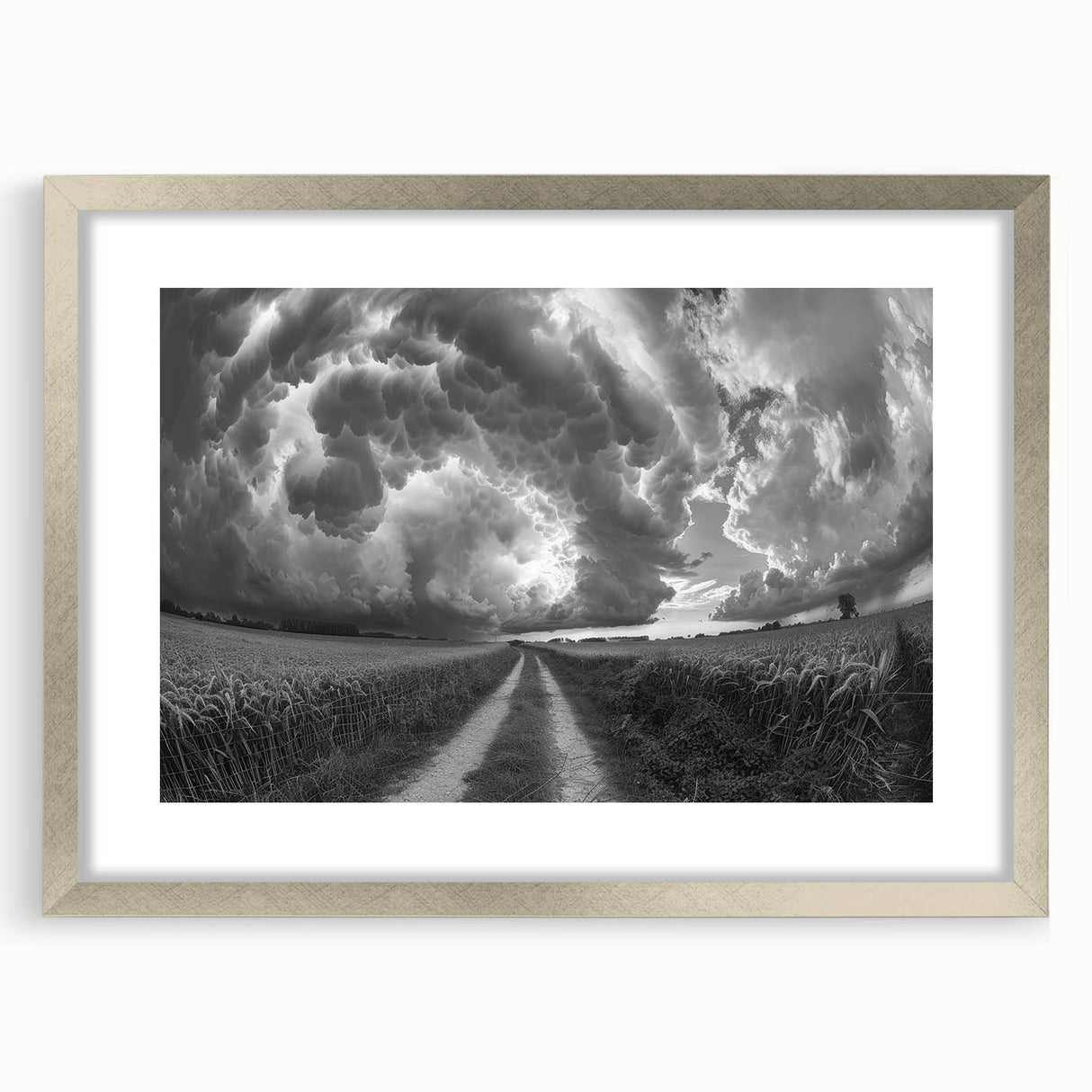 Framed silver wall art from the Landscapes Skyscapes Design 23 collection, featuring a serene nature scene with vibrant colors, ideal for home decor.