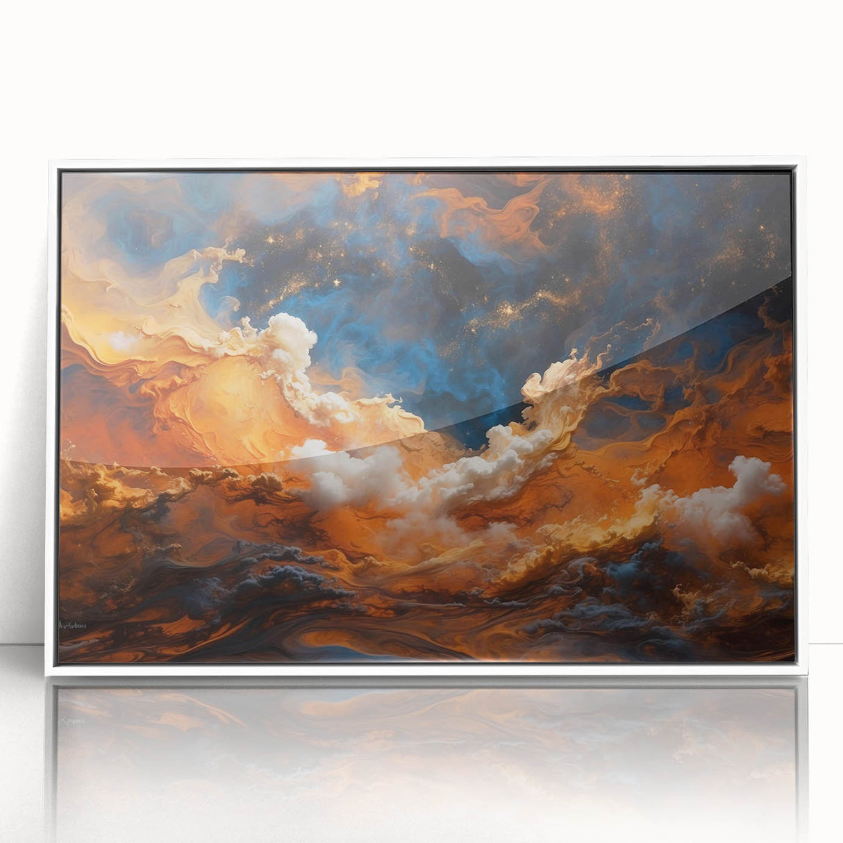 Framed acrylic wall art featuring a serene landscapes and skyscapes design, showcasing vibrant colors and intricate details, ideal for modern home decor.