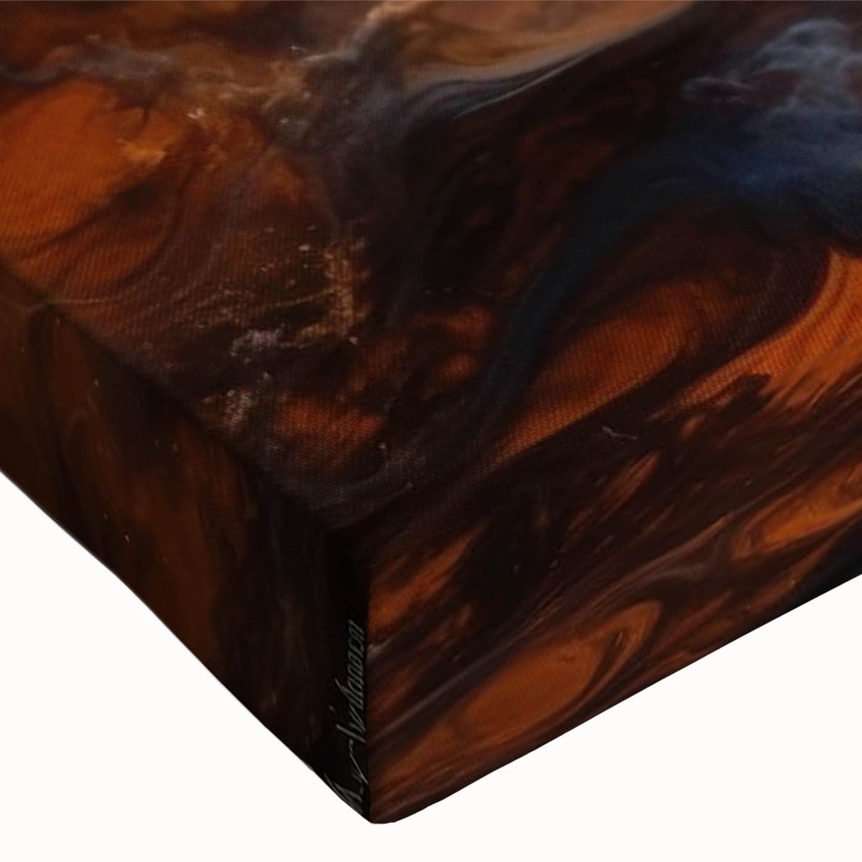 Close-up of a stretched canvas wall art piece showcasing a vibrant landscape with a dynamic sky filled with swirling colors, perfect for home decor.
