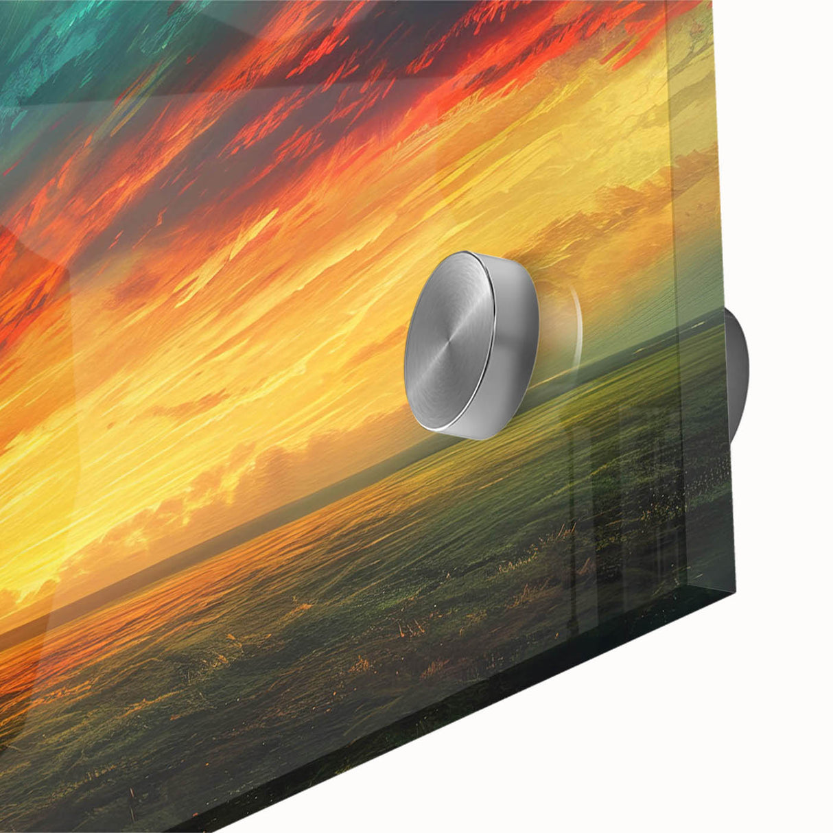 Close-up of a stunning acrylic glass wall art piece showcasing a vibrant landscape with a colorful sky, perfect for modern home decor. Ideal for enhancing interior aesthetics with its vivid colors and intricate details.