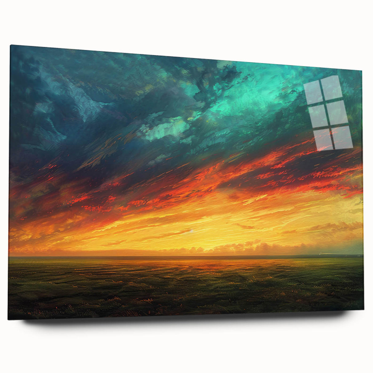 Acrylic glass wall art featuring a stunning landscape design with vibrant colors and intricate details, displayed from a side view showcasing its elegant finish and modern aesthetic. Perfect for enhancing home decor and adding a touch of sophistication to any space.
