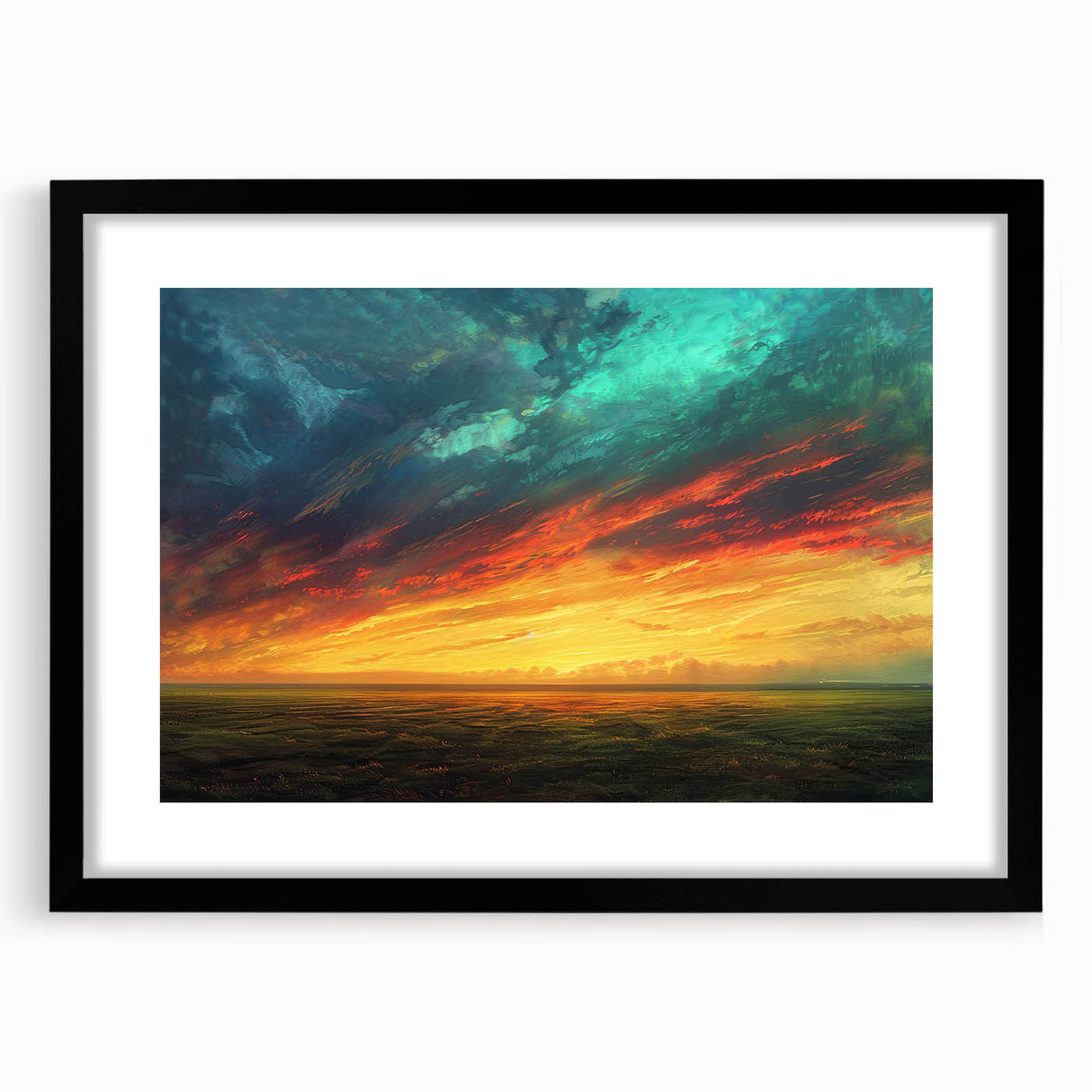 Framed wall art featuring a stunning landscapes and skyscapes design, showcasing vibrant colors in a black frame with a white mat, perfect for home decor.