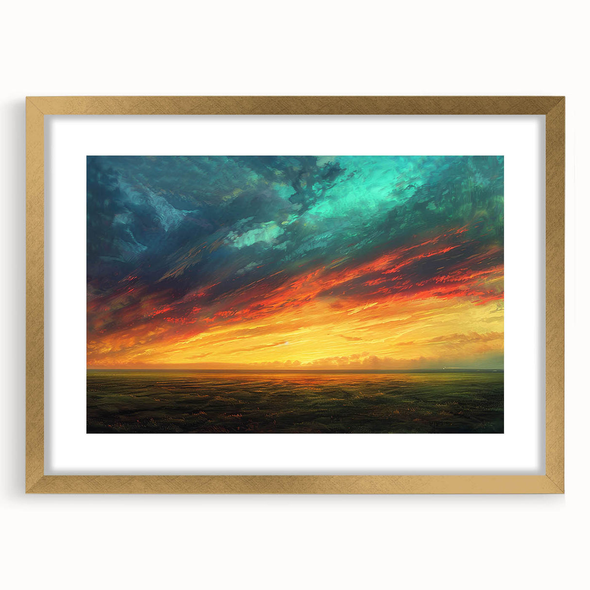 Framed landscape wall art collection featuring a vibrant skyscape design with a gold mat, ideal for home decor. Front view showcasing intricate details and colors.